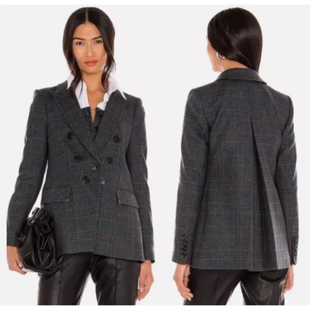 Veronica Beard Yareli Blazer Jacket Wool Glen Plaid Gray Blue Double Breasted 0 - Picture 1 of 9